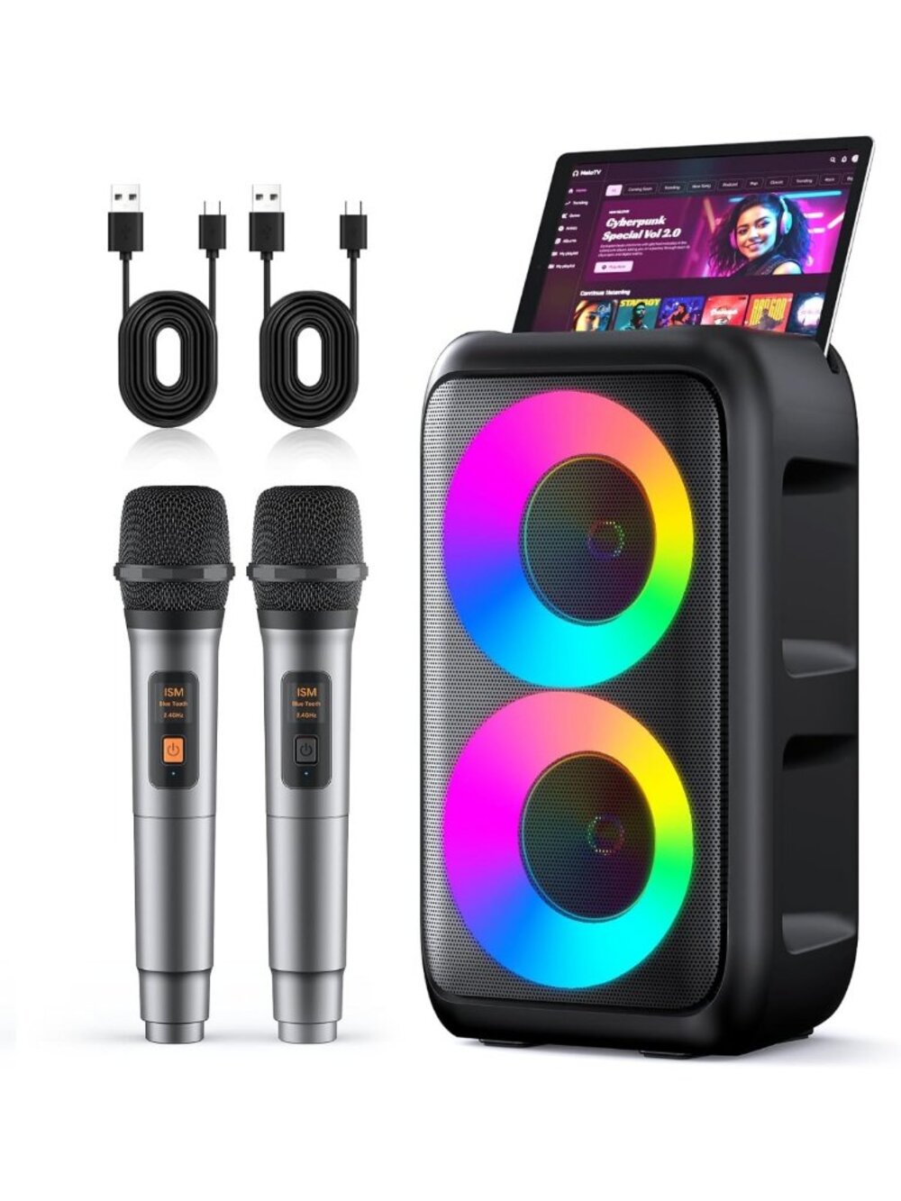 Portable Karaoke Machine with 2 Wireless Mics, Bluetooth Speaker, LED Lights